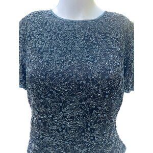 Papell Boutique Evening Black Beaded Silk Top Womens L Short Sleeve Formal Wear